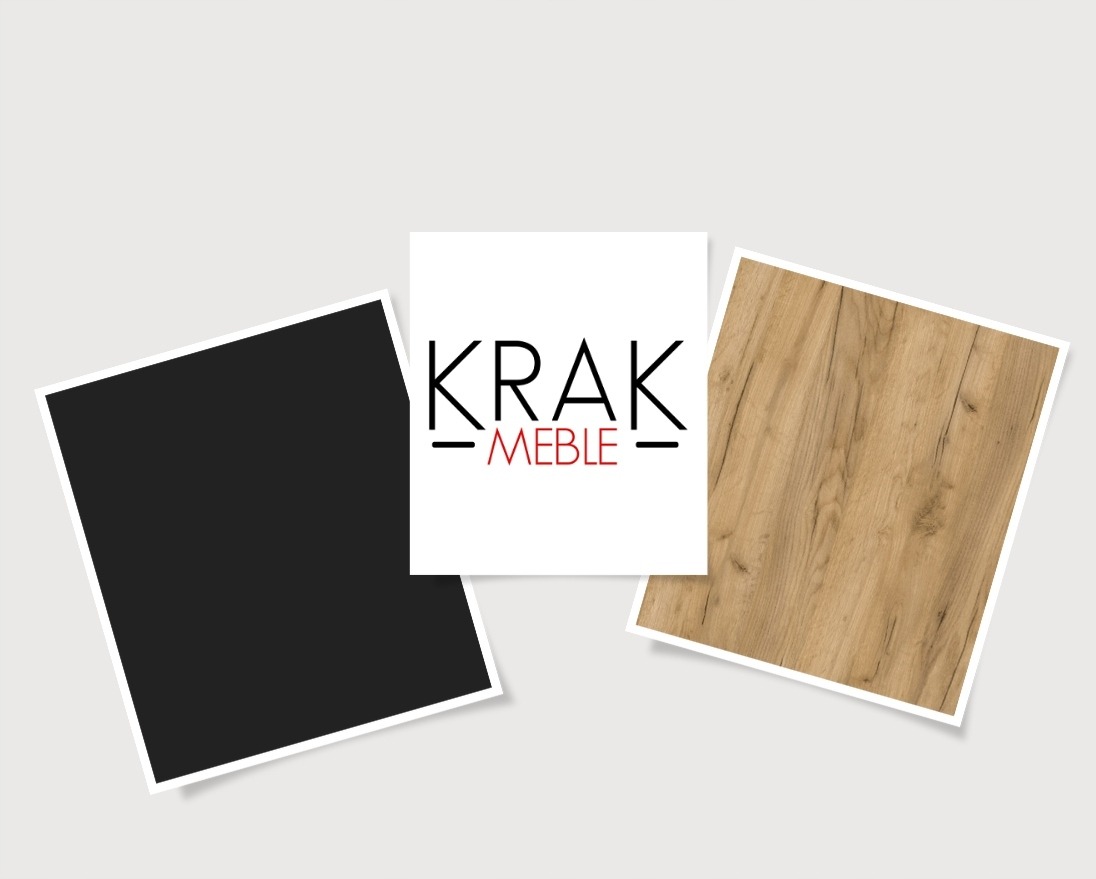 Kuchynský kredenc Krak Meble KIRA čierny a zlatý dub. Kredenc KIRA spája čierny matný korpus s čelami v dekore zlatého duba Craft. Horné dvierka sa otvárajú zatlačením; spodné majú kovové úchytky.