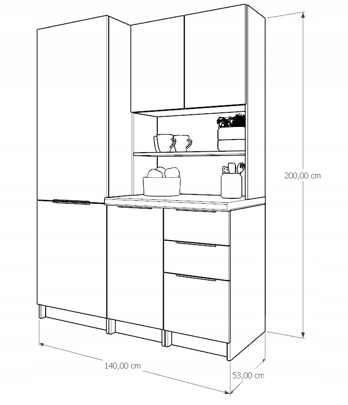 Biely matný kuchynský kredenc Krak Meble KIRA 140 cm. Kredenc KIRA spojí horné a spodné úložné skrinky v jednej zostave. Biely matný povrch dopĺňajú kovové úchytky, horné otváranie zatlačením a pánty s tlmeným dovieraním.