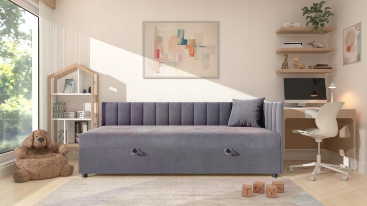 Tutuś – čalúnená posteľ 90 × 200 cm, sivá, Bonell. Sivá čalúnená posteľ poskytne jednolôžkovú plochu na spanie 90 × 200 cm a úložný priestor pod lôžkom. Bočnicu a čelo dopĺňa dodávaný vankúš. Pri zariaďovaní izby tak môžete pripraviť pokojné miesto na več