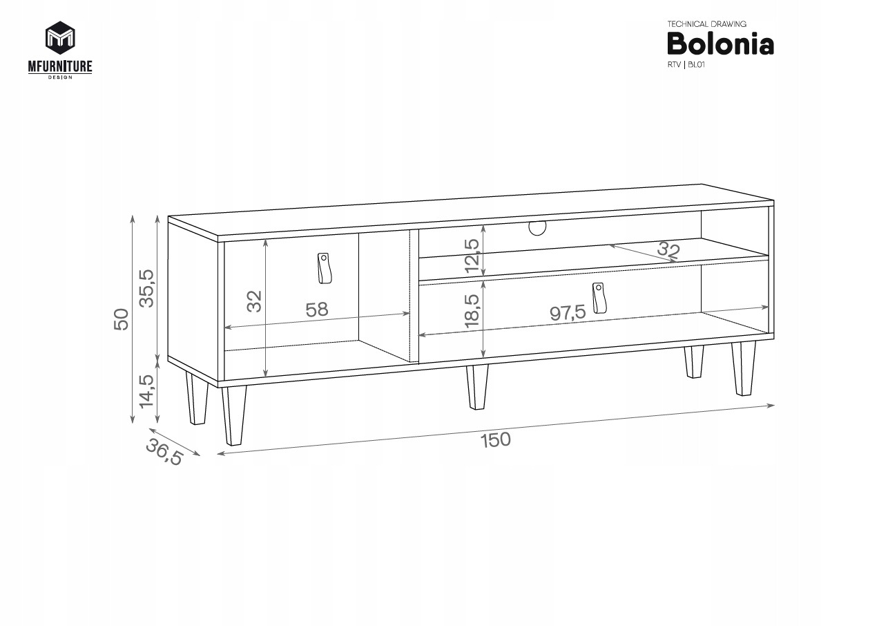 Bolonia RTV skrinka 150 cm dub artisan. RTV skrinka Bolonia má rozmery 150 × 36,5 × 50 cm. Korpus v dekore dub artisan dopĺňajú jedny biele matné dvierka a jedna sivá matná zásuvka. Stojí na dubových nožičkách vysokých 14,5 cm a má úchytky z hnedej imitác