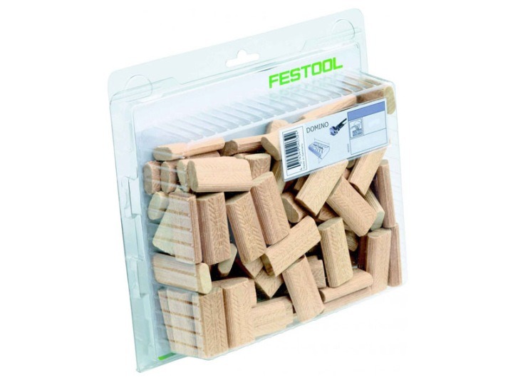 Balenie 100 bukových spojok Festool DOMINO D 8 × 50 mm 494941 pomáha vytvoriť presné skryté spoje v dreve a doskových materiáloch. Podlhovastý tvar bráni pretočeniu dielov a drážky uľahčujú rozvedenie lepidla.