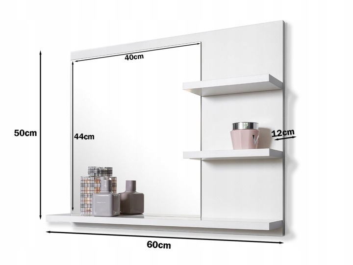 DOMTECH 5R-MTIL-ALOY je biele nástenné zrkadlo 60 × 50 cm s troma policami na pravej strane. Zrkadlová plocha má 40 × 44 cm a závesy umožňujú doladiť polohu pri montáži.