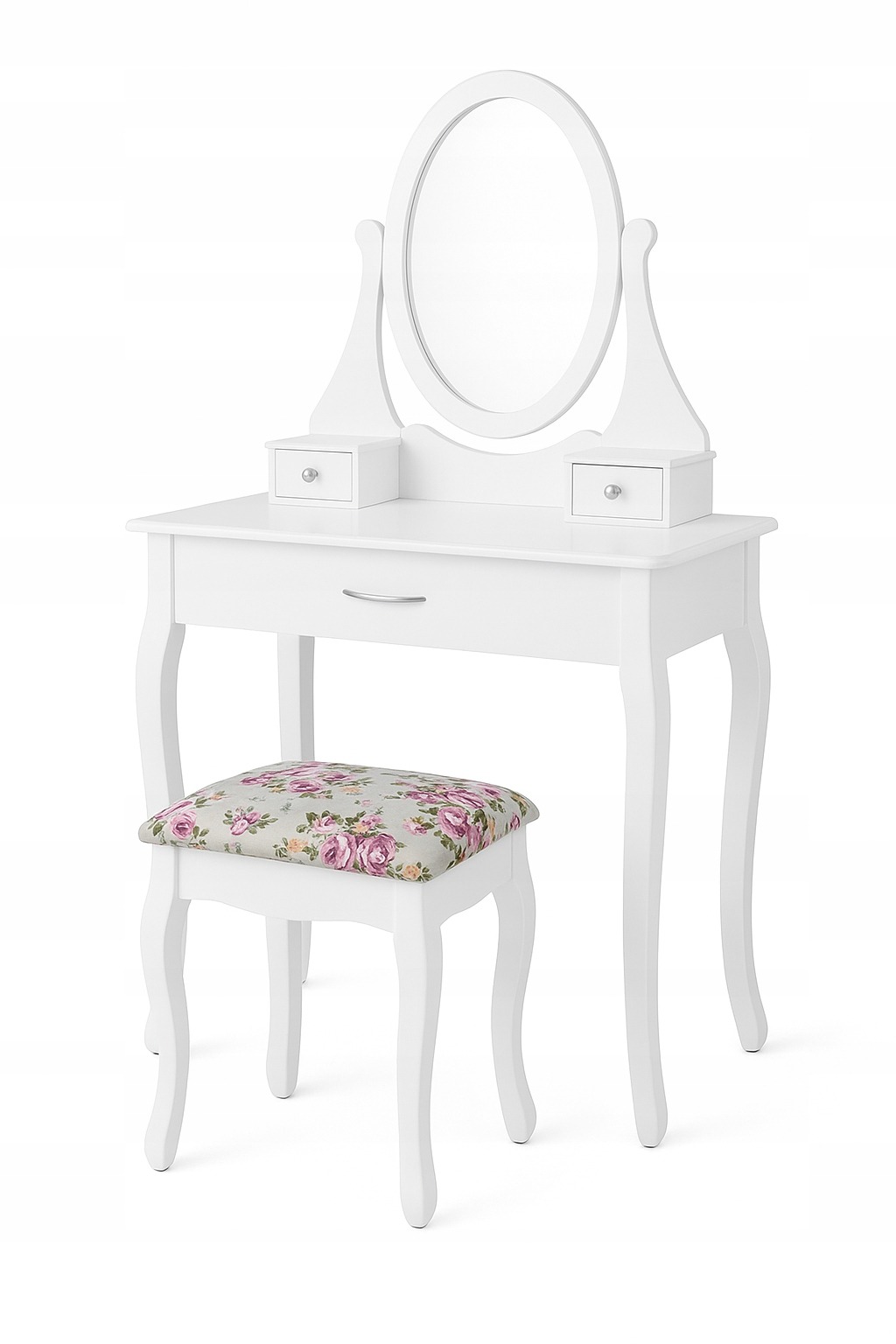 Ten-Tech ELEGANCE 002 biela toaletka so zrkadlom a taburetkou. Biela toaletka Ten-Tech ELEGANCE 002 má rozmery približne 75 × 40 × 145 cm. Súčasťou sú oválne zrkadlo, štyri malé zásuvky, otvorené poličky a taburetka s čalúneným sedadlom. Taburetka meria p
