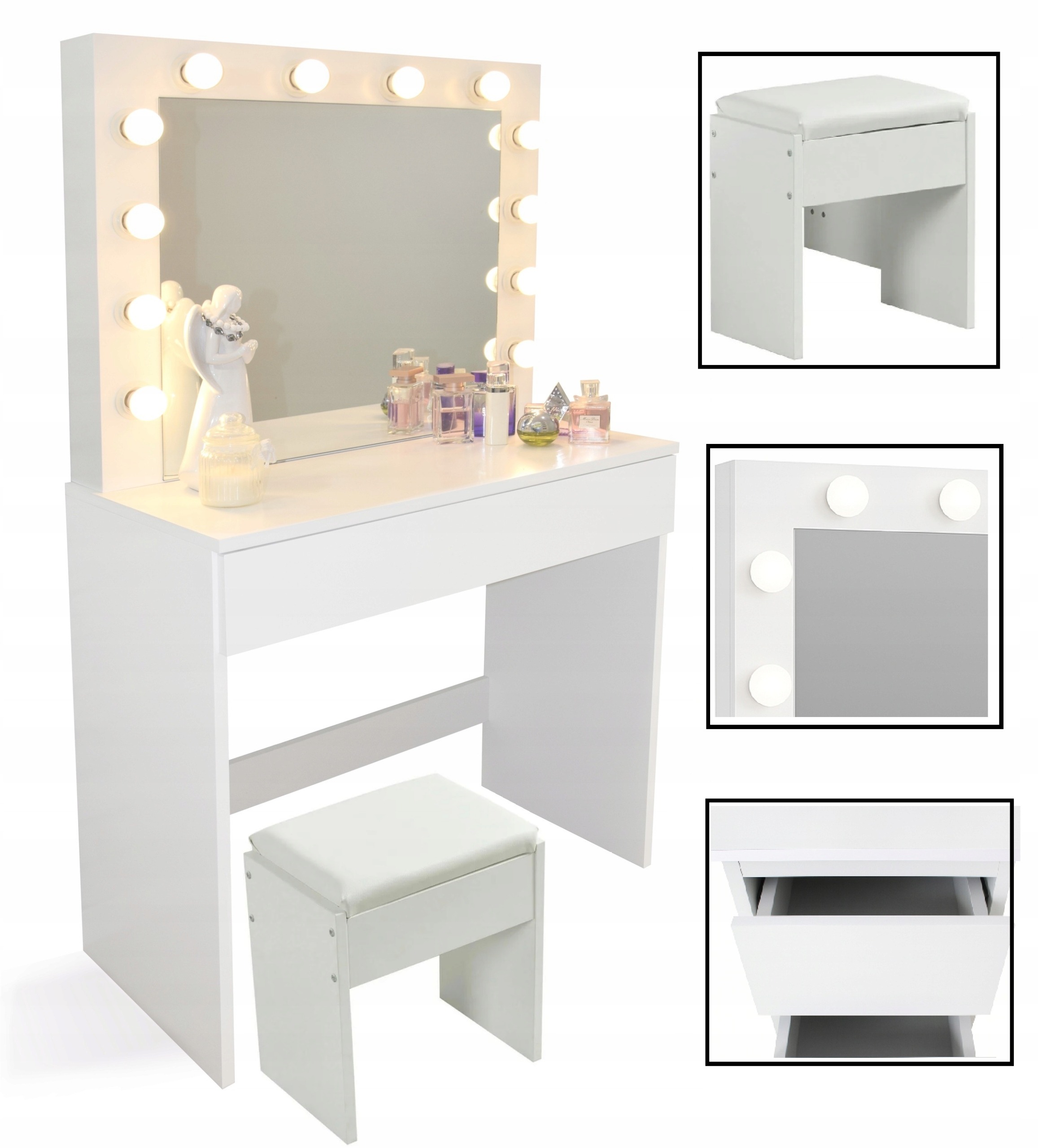 Ten-Tech biela toaletka so zrkadlom, LED a taburetkou. Biela toaletka Ten-Tech má podľa parametrov ponuky rozmery 80 × 40 × 140 cm. Súčasťou je zrkadlo s 12 svetlami LED v teplej bielej farbe, zásuvka s priehradkou a taburetka. Výrobca uvádza dosky MDF a