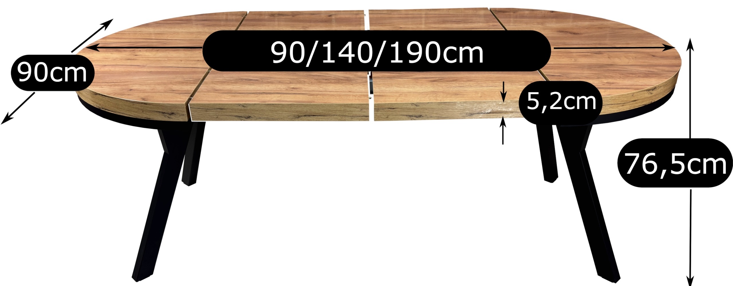 Okrúhly rozkladací stôl RIBES Wiktor 90 až 190 cm. Stôl RIBES Wiktor má priemer dosky 90 cm, výšku približne 76 cm a po vložení dvoch predlžovacích častí dosahuje dĺžku 190 cm. Doska v dekore dub Craft má zosilnený okraj 5,2 cm.