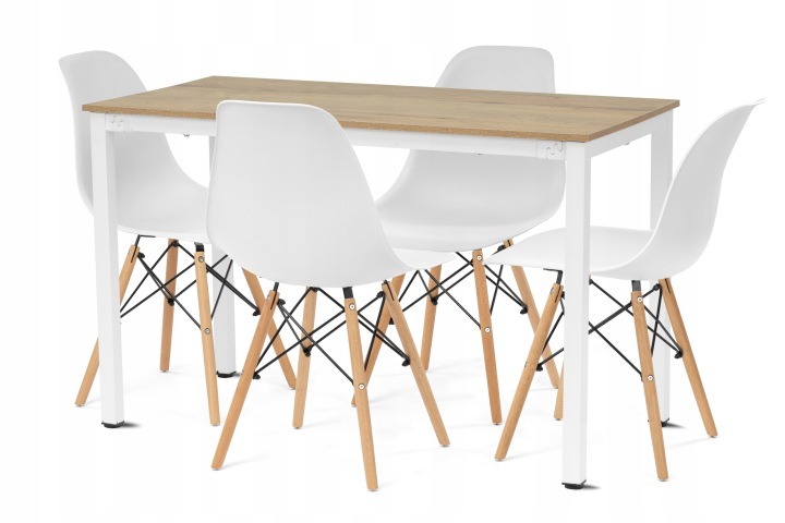 Impor Bali a Milano – stôl 120 × 60 cm a 4 biele stoličky, dub Craft zlatý