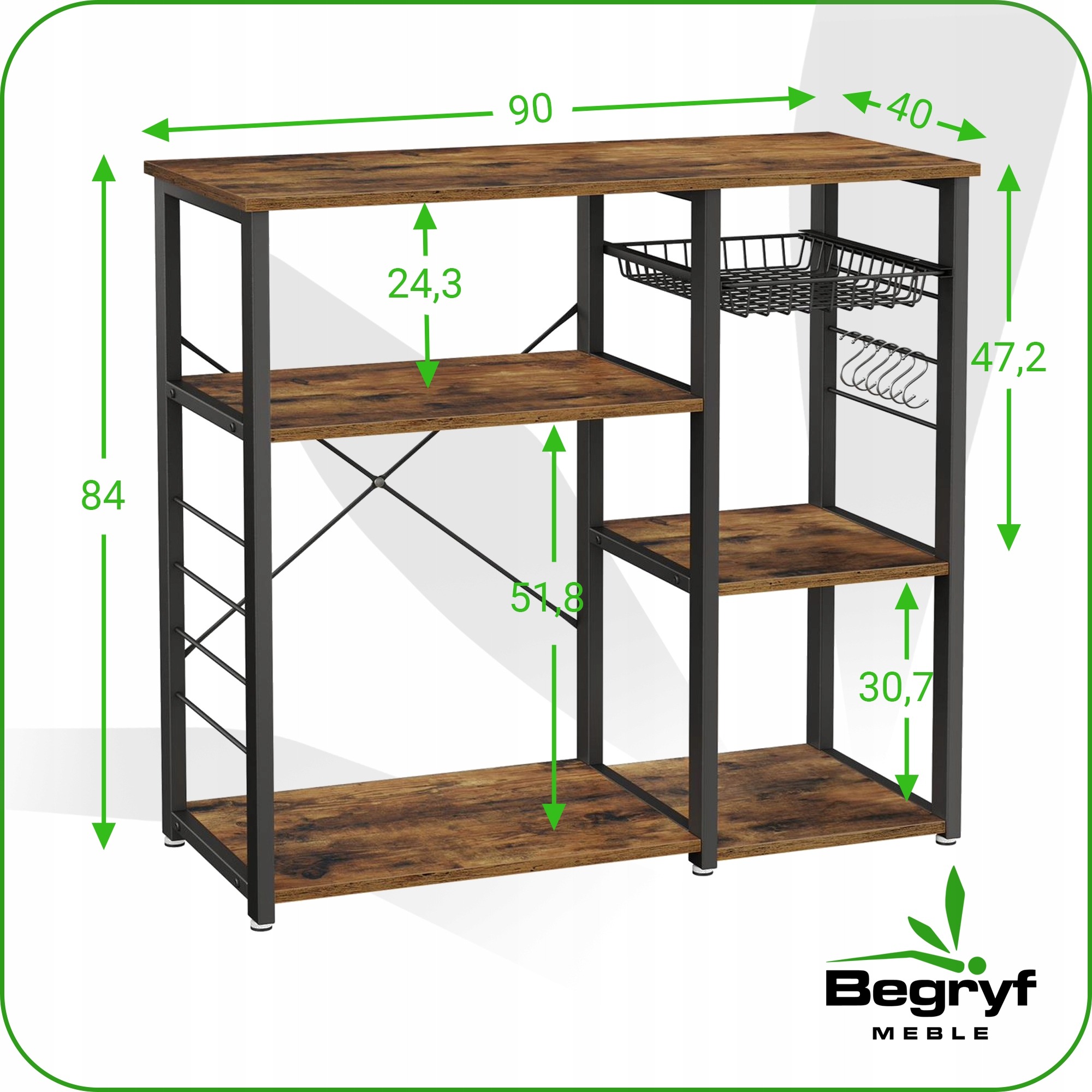 Begryf rustikálny kuchynský regál 90 × 40 × 84 cm s košíkom. Begryf spája dosky MDF v hnedom rustikálnom dekore s čiernym oceľovým rámom. Regál má pracovnú plochu 90 × 40 cm, výsuvný košík a šesť háčikov na drobné kuchynské potreby.