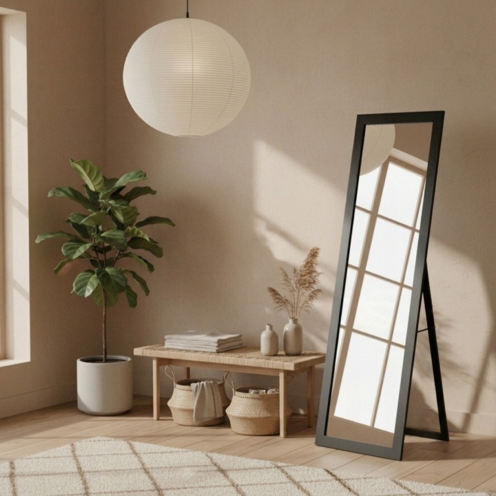 Stojace skladacie zrkadlo SCENA LIVING HAVLYS, čierne 127 × 37 cm. Skladacie stojace zrkadlo vytvorí miesto na kontrolu oblečenia v spálni, šatníku alebo predsieni. Sklenená zrkadlová plocha je osadená v čiernom MDF ráme so stojanom, takže zrkadlo môžete