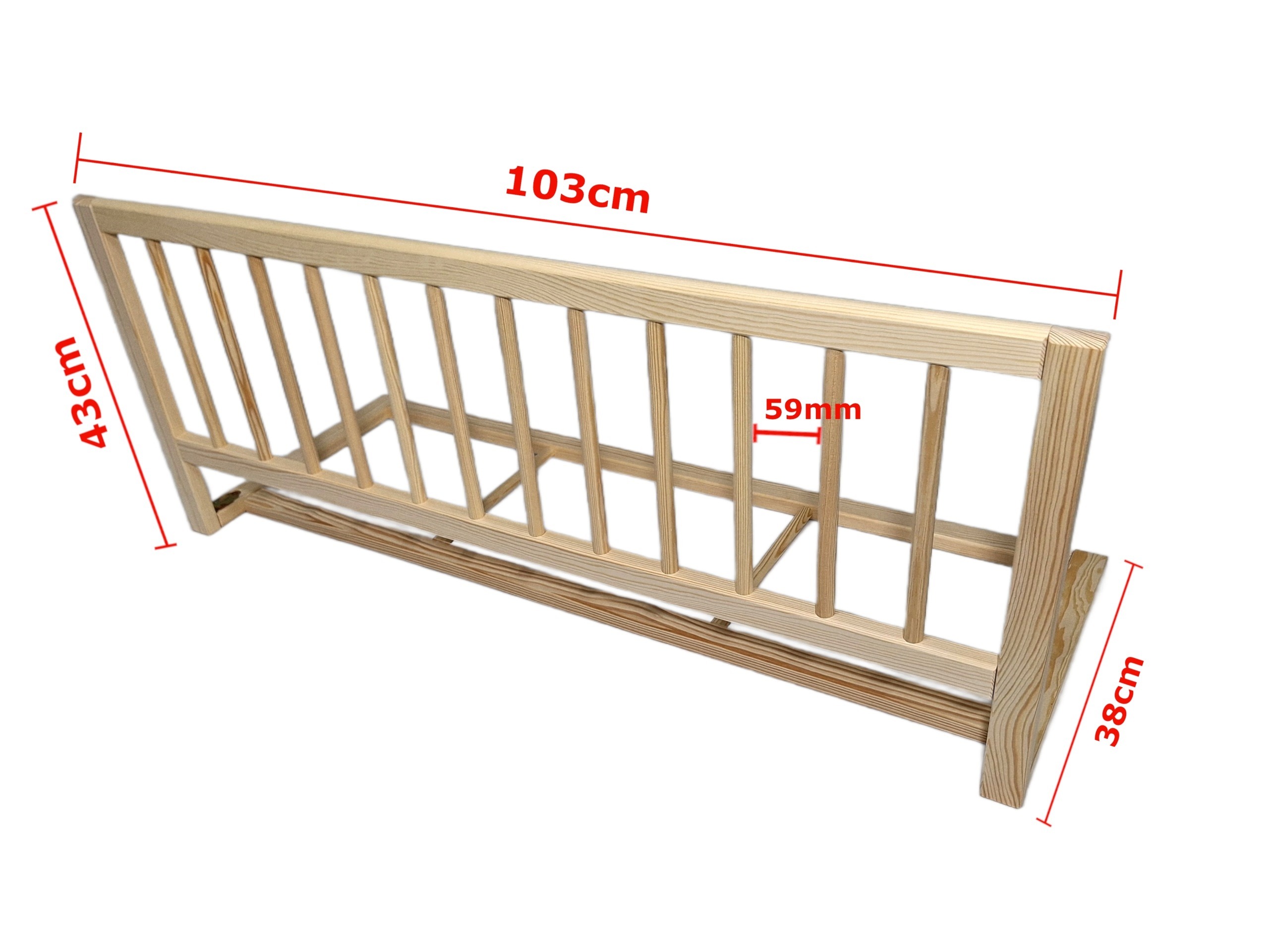 Prírodná borovicová zábrana na detskú posteľ 103 × 43 cm. Borovicová zábrana 103 × 43 cm pomáha vytvoriť bočnú ochranu detskej postele. Je z prírodného nelakovaného dreva a možno ju zasunúť pod matrac alebo priskrutkovať k rámu.