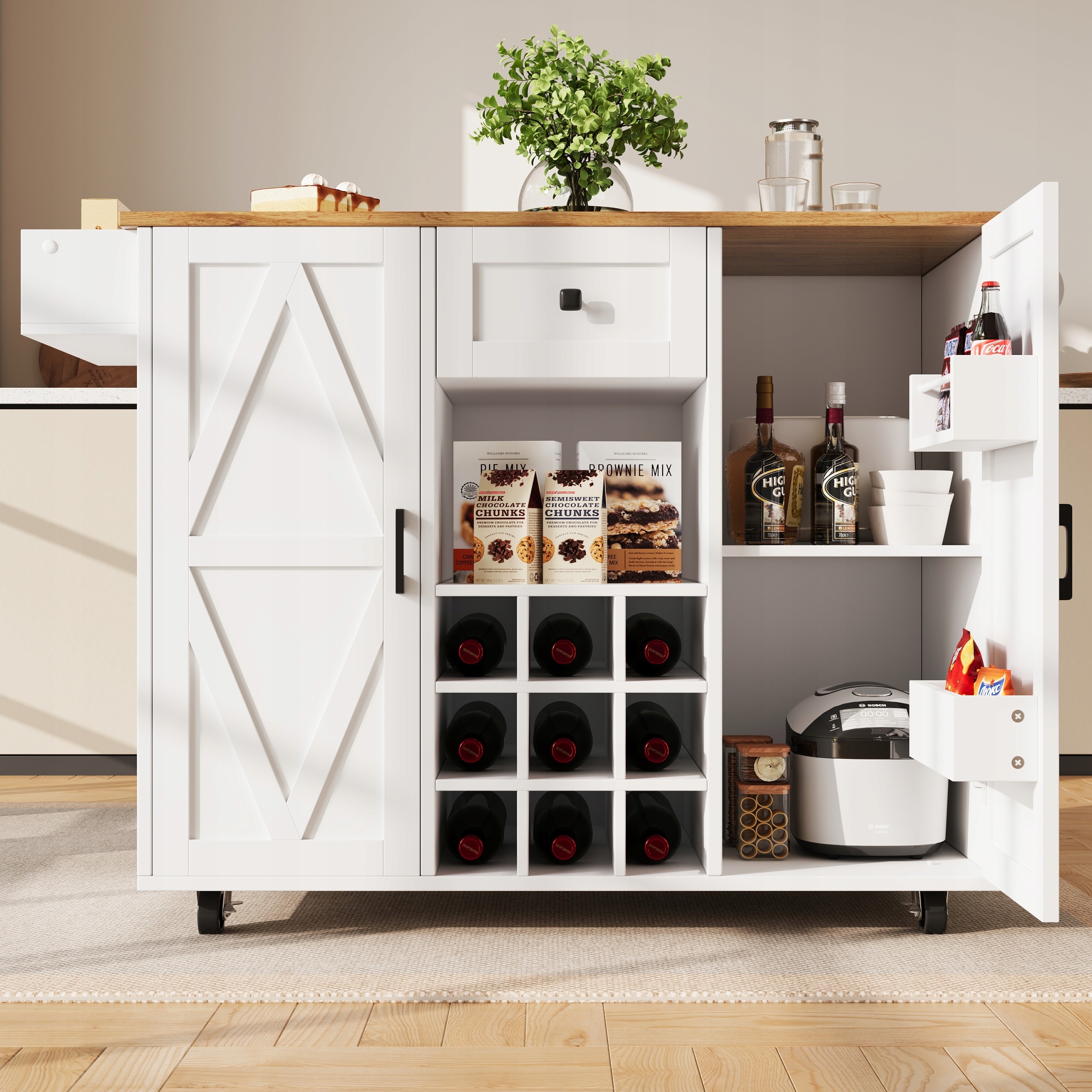Gutent biely pojazdný kuchynský ostrov 137,5 × 40 × 95,6 cm. Pojazdný kuchynský ostrov Gutent má biely povrch z MDF, sklopnú pracovnú dosku, zásuvku a dvojdverovú skrinku. Bočné police a kolieska dopĺňajú úložný priestor.