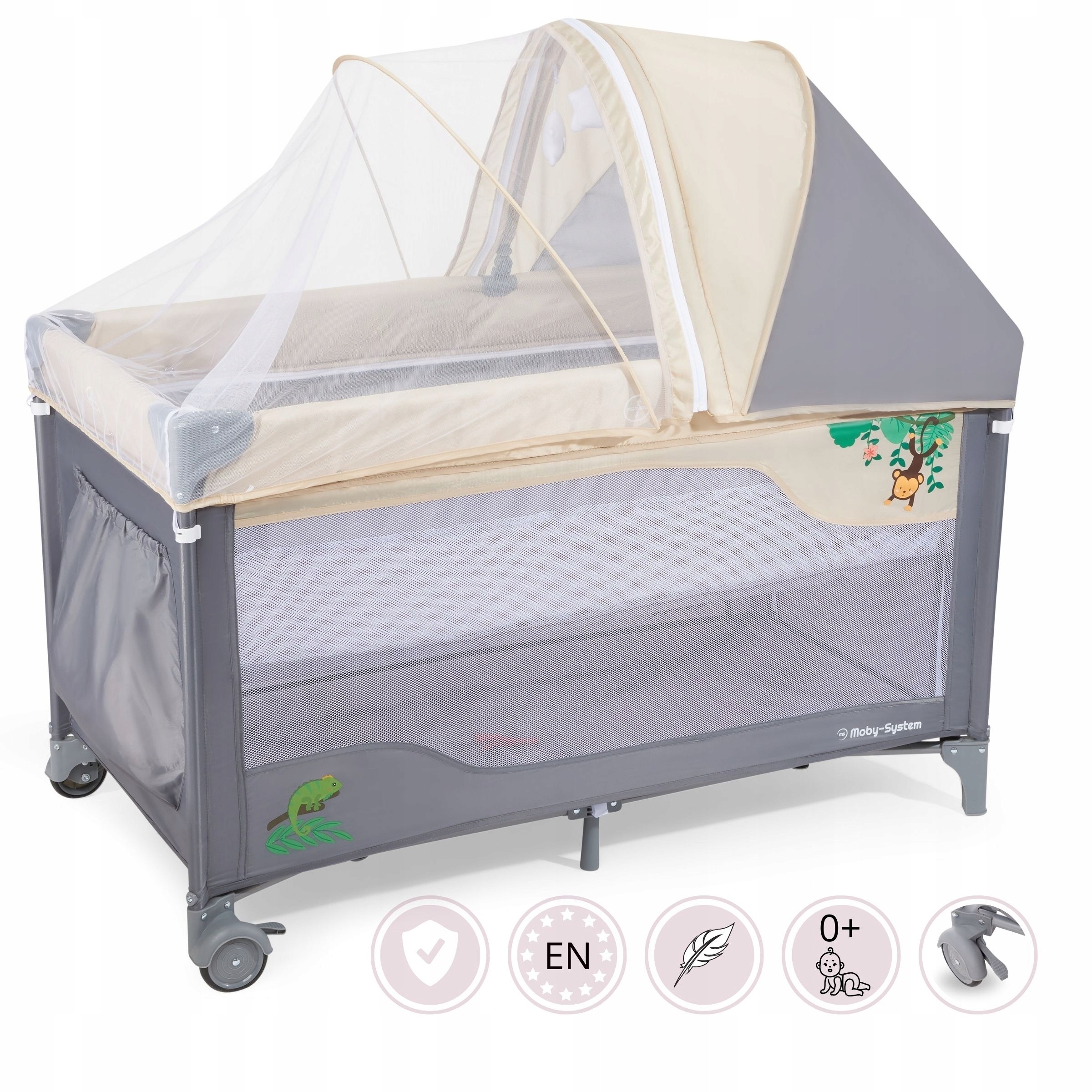 Cestovná postieľka Moby System Huxley s prebaľovacím pultom. Moby System Huxley má dve úrovne matraca, bočný vstup na zips a kolieska s brzdou. Súčasťou balenia je prebaľovací pult, strieška a moskytiéra.