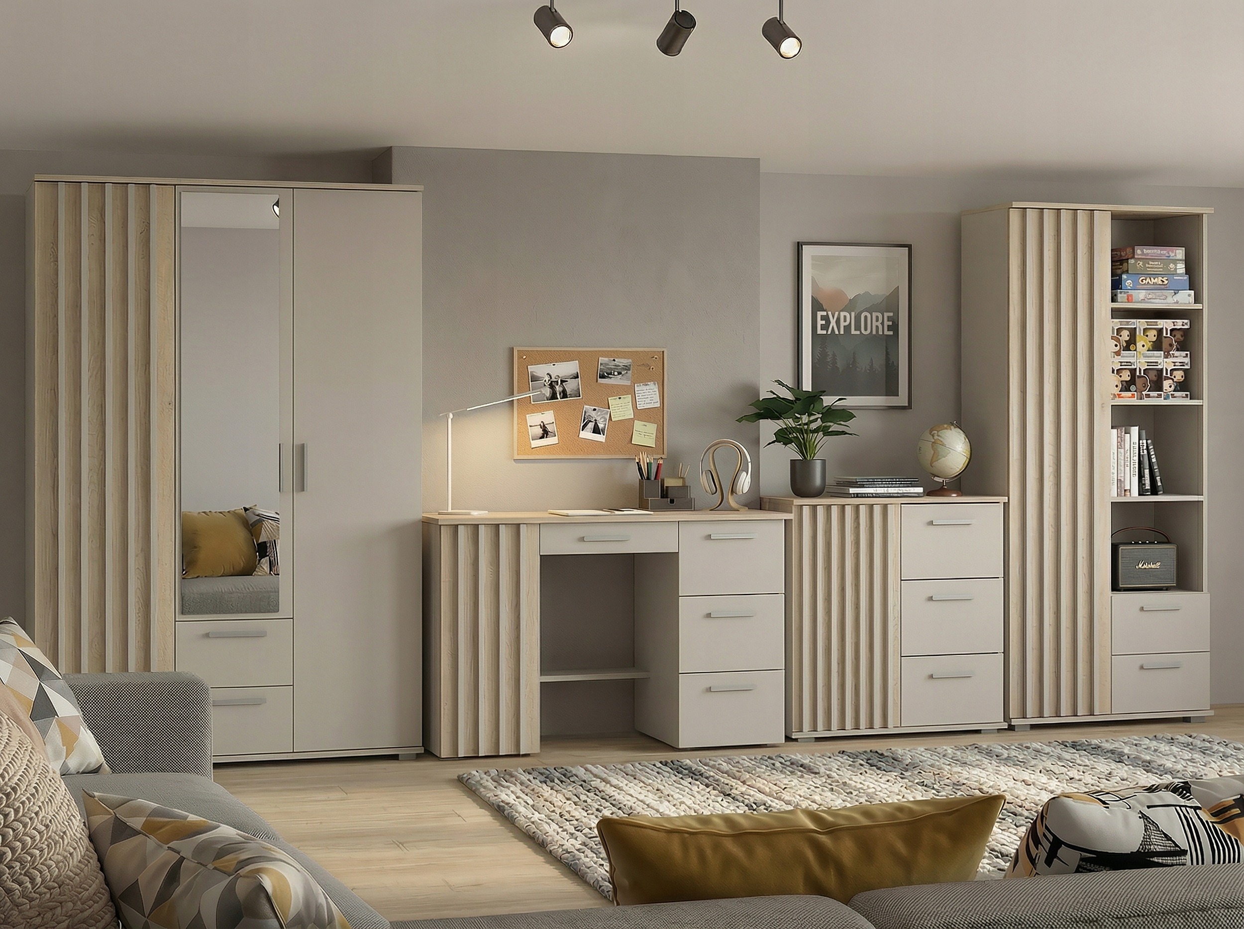 Meblowa1 MON15KADC – štvordielna zostava do študentskej izby, kašmír a dub