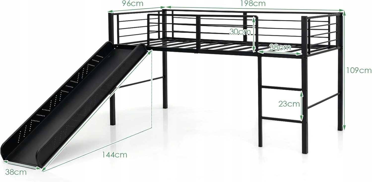 Čierna vyvýšená detská posteľ 90 × 190 cm so šmykľavkou. Vyvýšená posteľ s čiernym oceľovým rámom spája lôžko 90 × 190 cm, rebrík a šmykľavku. Pod posteľou zostáva priestor na ďalšie využitie v detskej izbe.