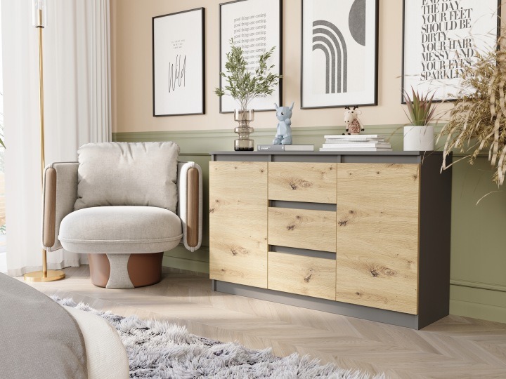 Komoda Framire s tromi zásuvkami a dvomi dvierkami 120 × 33 × 76 cm, antracit a dub Artisan