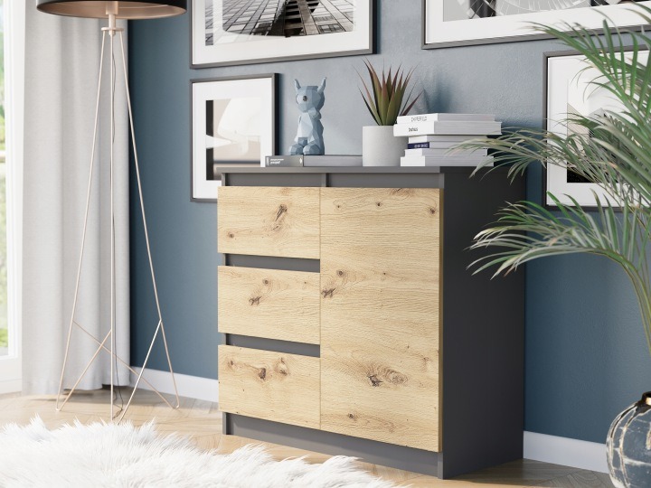 Komoda Framire s tromi zásuvkami 80 × 33 × 76 cm, antracit a dub Artisan