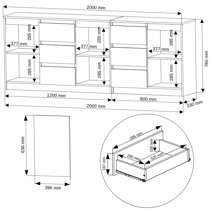 Framire R-200-S6 – zostava dvoch komôd 200 cm, antracit a dub Artisan. Zostava dvoch komôd vytvorí dlhšie úložné miesto na predmety, ktoré chcete rozdeliť a odložiť. Spojením modulov so šírkou 120 a 80 cm vznikne uvedené usporiadanie široké 200 cm. Antrac