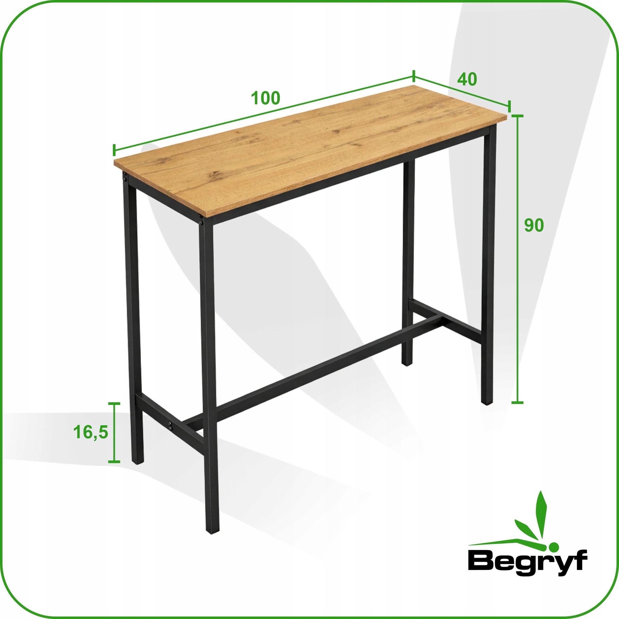 Úzky barový stôl Begryf 100 × 40 × 90 cm v dekore dub. Vyšší barový stôl Begryf s obdĺžnikovou doskou z MDF má rozmery 100 × 40 × 90 cm. Kovová konštrukcia je čierna a spevnená dolnou priečkou.