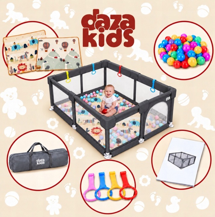 Daza Kids Premium DS-I-0003 je sivá detská ohrádka s pôdorysom 150 × 180 cm a výškou 64 cm. Súprava obsahuje obojstrannú penovú podložku hrubú 1 cm, štyri držadlá, 60 loptičiek a transportnú tašku.
