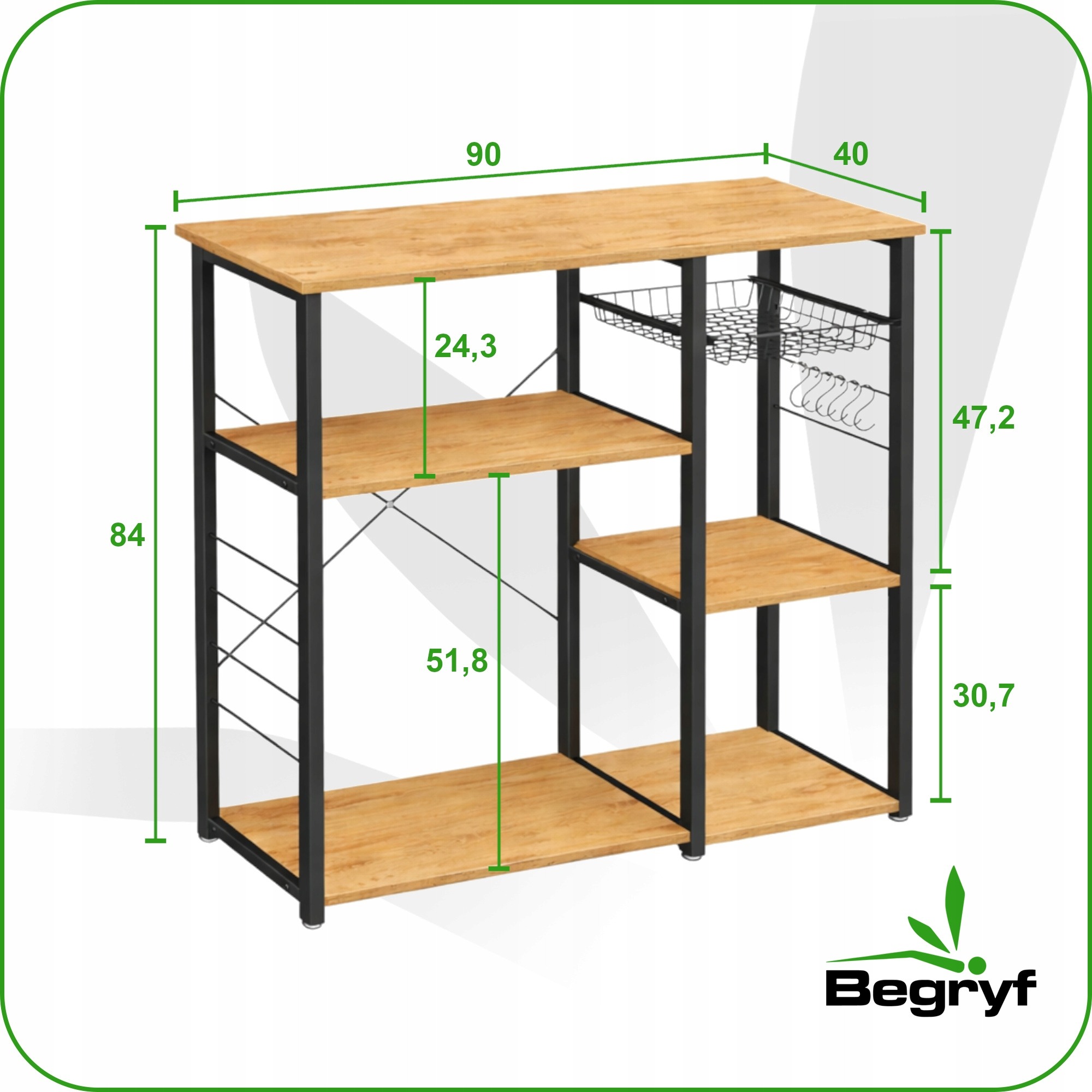 Begryf kuchynský regál dub a čierna 90 × 40 × 84 cm. Kuchynský regál Begryf kombinuje dosky MDF v dekore dub s čiernym kovovým rámom. Na ploche 90 × 40 cm možno umiestniť kuchynské spotrebiče; otvorené police, výsuvný košík a háčiky pomáhajú usporiadať pr