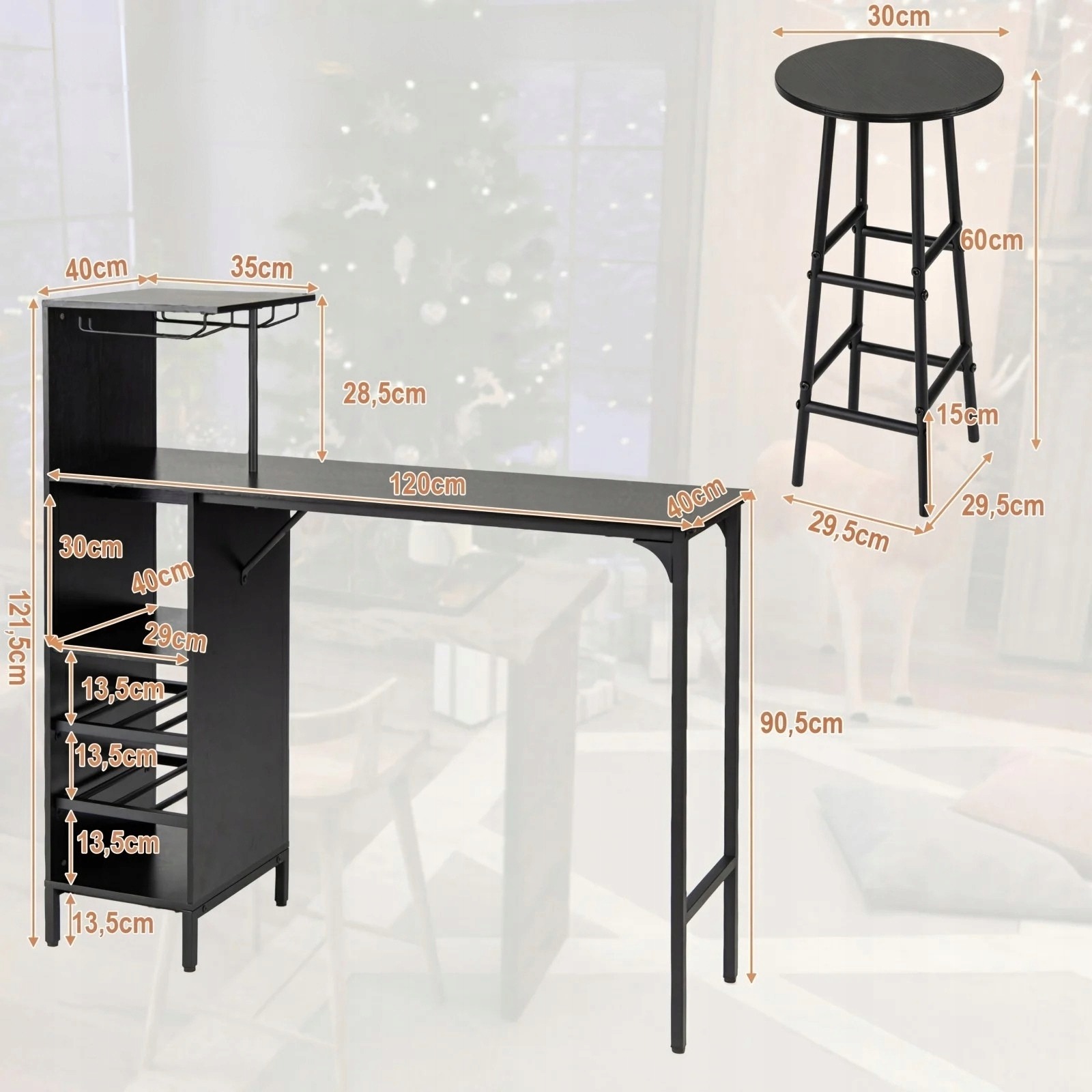 Barový stôl Costway 120 × 40 cm s dvoma stoličkami