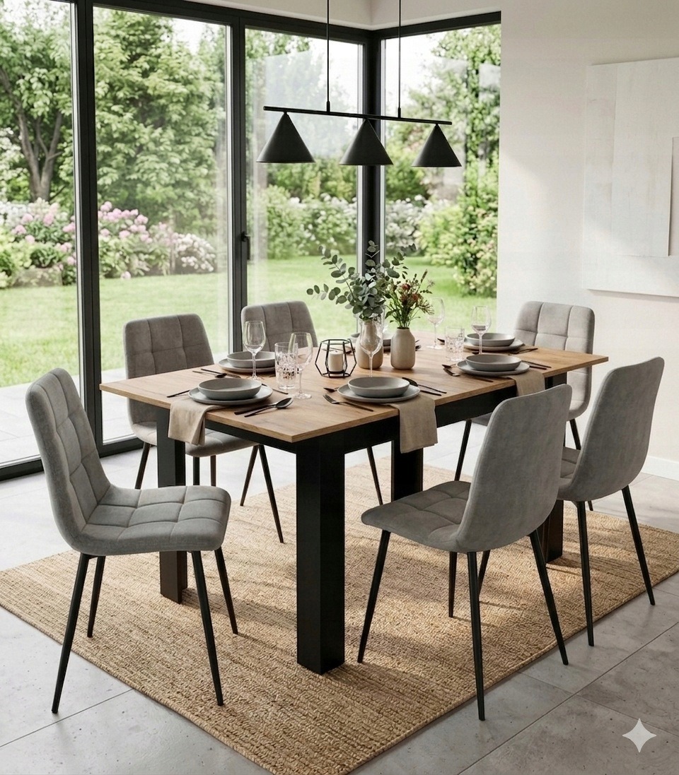 Rozkladací jedálenský stôl FUBRO 120 až 160 × 80 cm. Stôl FUBRO má v zloženom stave rozmery 120 × 80 × 75 cm. Predlžovacia vložka s dĺžkou 40 cm rozšíri stôl na 160 × 80 cm; doska je z laminovanej drevotriesky.
