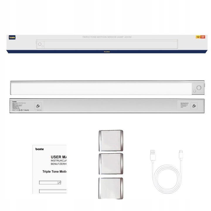 Boste Triple Tone je 60 cm LED lampa s pohybovým a súmrakovým snímačom. Ponúka teplú, neutrálnu a studenú bielu, plynulé stmievanie a nabíjanie cez USB-C. Magneticky sa prichytí na kov; na iné povrchy slúžia adaptéry uvedené v súprave.