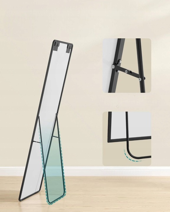 Stojace zrkadlo Songmics LFM034B01, čierne 150 × 40 cm. Stojace zrkadlo na celú postavu pomáha skontrolovať oblečenie pred odchodom z domu. Popis uvádza rozmery 150 × 40 cm a atramentovú čiernu farbu. V spálni alebo šatníku tak získate miesto, kde si v po