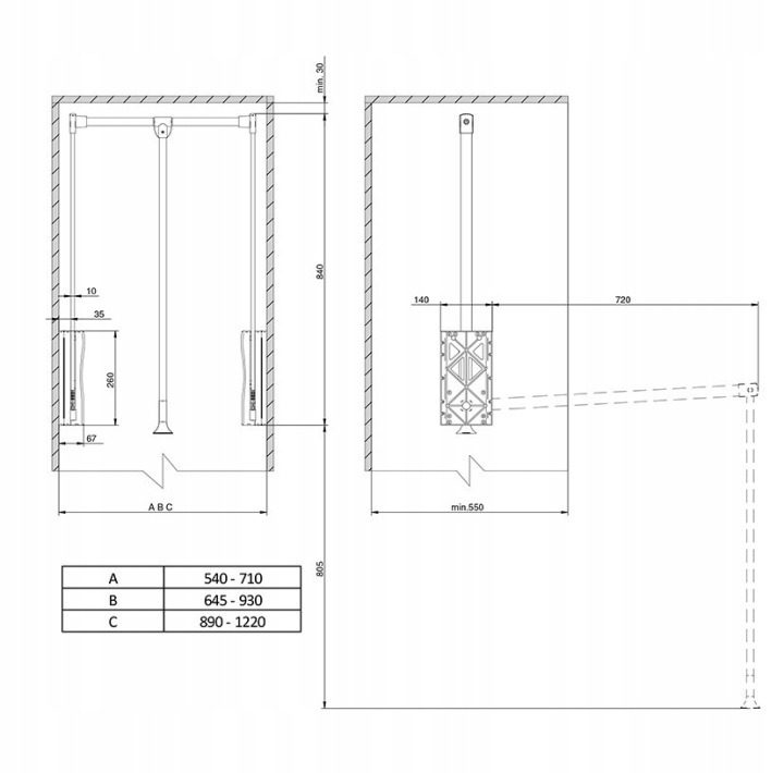 Pantograf Rejs LIFTER Basic TA01.0072.08.055 sprístupní oblečenie v hornej časti užšej skrine. Nastaviteľná šírka 54–71 cm, nosnosť 12 kg a mäkký dojazd pomáhajú pri každodennom používaní.