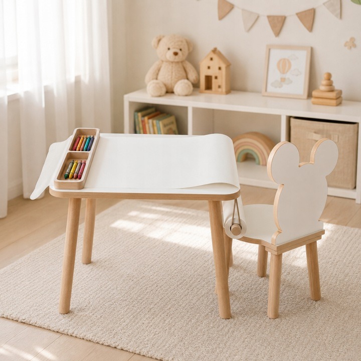 Detský stolík PlayPals Furniture 60 × 50 × 47 cm spája plochu na kreslenie, organizér na pastelky a rolku papiera širokú 50 cm. Biela MDF doska stojí na nohách z prírodného dreva; stolička nie je súčasťou ponuky.