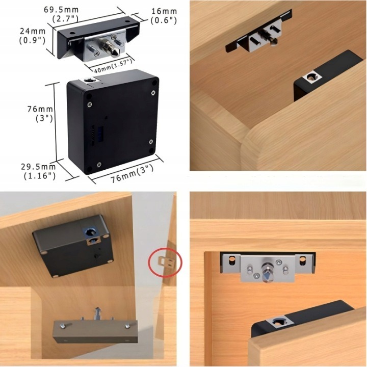 WINANQE je elektronický zámok na vnútornú montáž do drevenej skrinky alebo zásuvky. Podľa ponuky podporuje kartu RFID a aplikáciu Tuya cez Bluetooth. Má rozmery 76 × 76 × 29,5 mm a napájajú ho štyri batérie AAA.