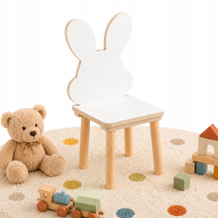 Biela detská stolička PlayPals Furniture Pucek má králičie uši v operadle, sedadlo vo výške 27 cm a drevené nohy. Hodí sa k nízkemu detskému stolíku.