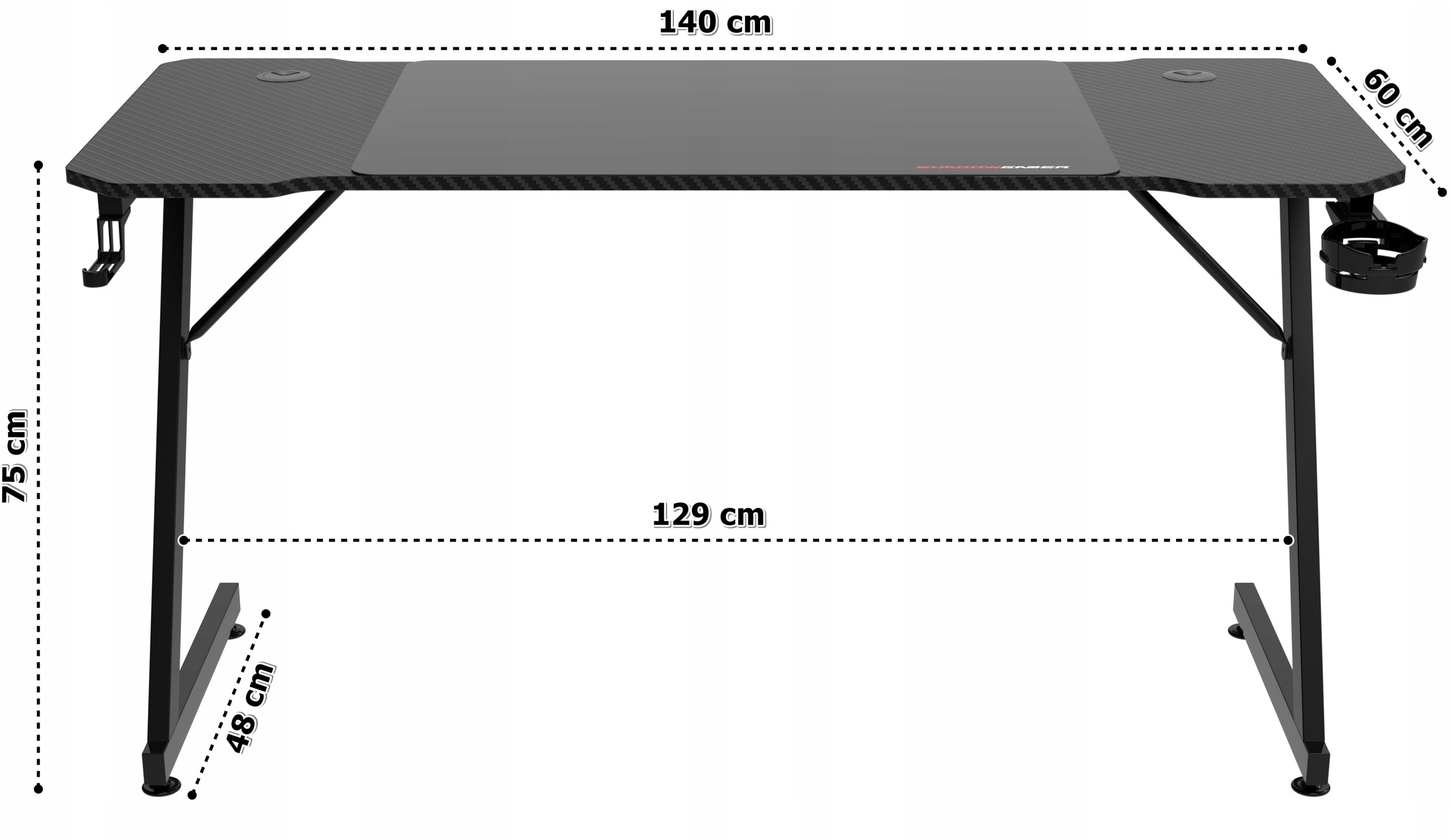Herný stôl Shadow Gamer 1.0, 140 × 60 cm. Shadow Gamer 1.0 poskytuje pracovnú plochu 140 × 60 cm vo výške 75 cm. Súčasťou balenia je podložka na myš 80 × 55 cm. Stôl má držiak na nápoj, háčik na slúchadlá a dva priechody na káble; nohy možno vyrovnať podľ