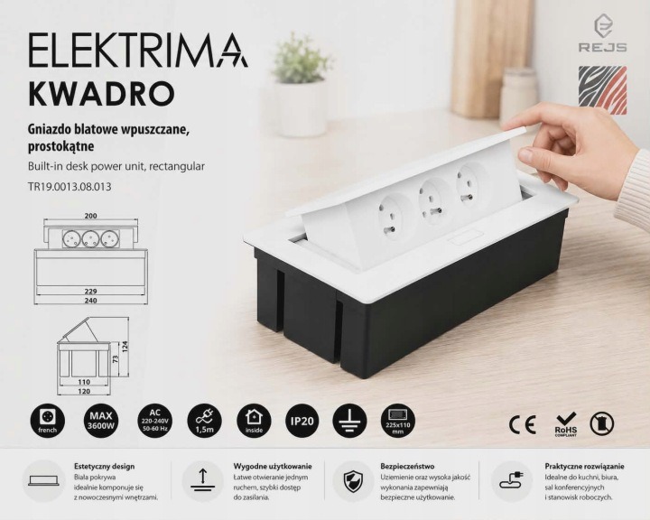 Biela vstavaná zásuvka Rejs Elektrima Kwadro TR19.0013.08.013 prináša tri uzemnené výstupy 230 V priamo na pracovnú plochu. Jednotka meria 240 × 120 × 73 mm a má kábel dlhý 1,5 m. Pred montážou overte rozmer výrezu v doske.