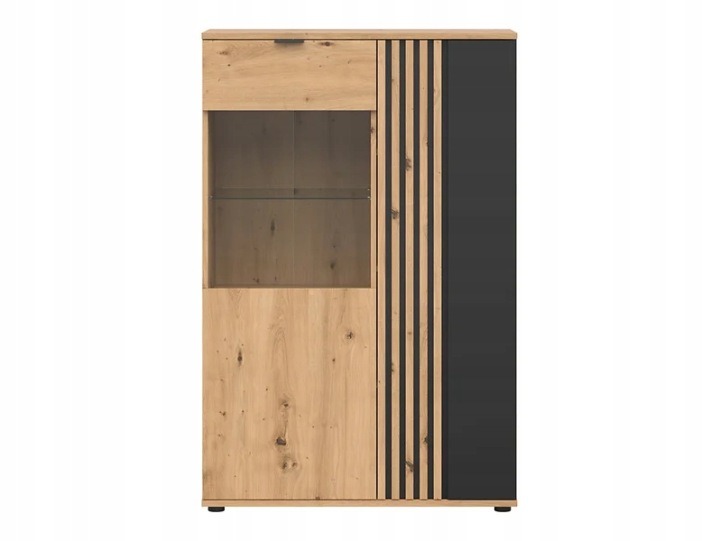 Black Red White Vabres – nízka dvojdverová vitrína 90,5 × 40 × 137,5 cm. Nižšia vitrína dá dekoráciám vlastné miesto a ďalšie predmety uloží za plnými dvierkami. Dekor dub Artisan s čiernymi detailmi a zvislými lamelami vytvára výraznejšie čelo. Pri výške