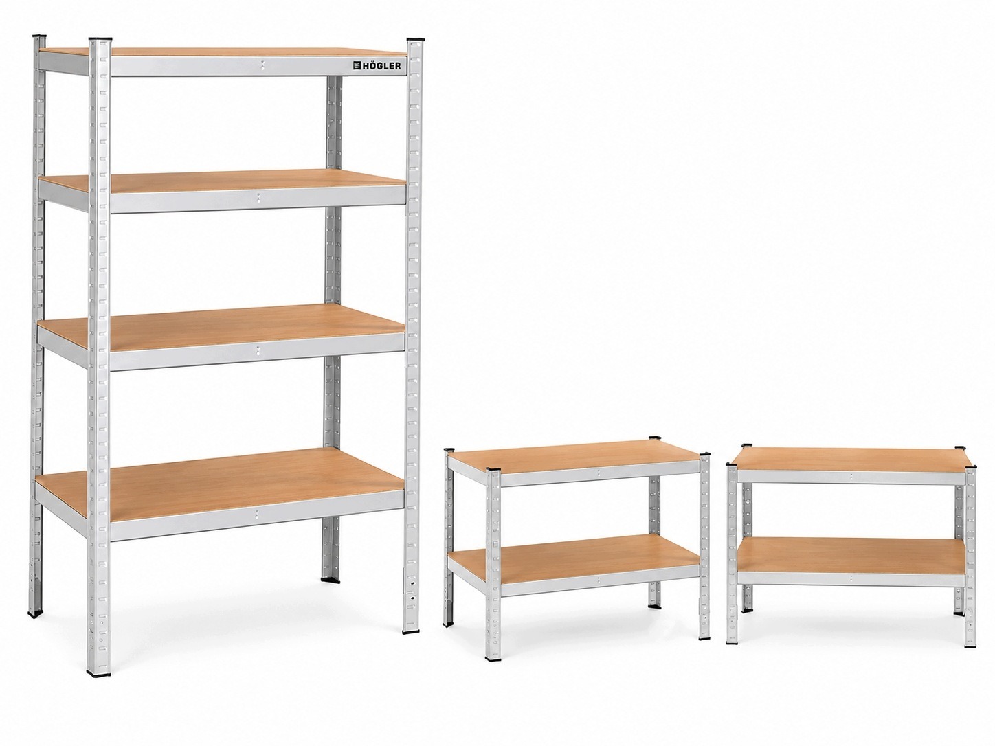 Kovový regál HÖGLER, 5 políc, 205 × 120 × 40 cm. Kovový regál HÖGLER s piatimi policami z MDF. Výška 205 cm, šírka 120 cm, hĺbka 40 cm. Predajca uvádza najviac 200 kg na jednu policu a 1000 kg spolu pri rovnomernom rozložení hmotnosti. Hmotnosť balenia 20