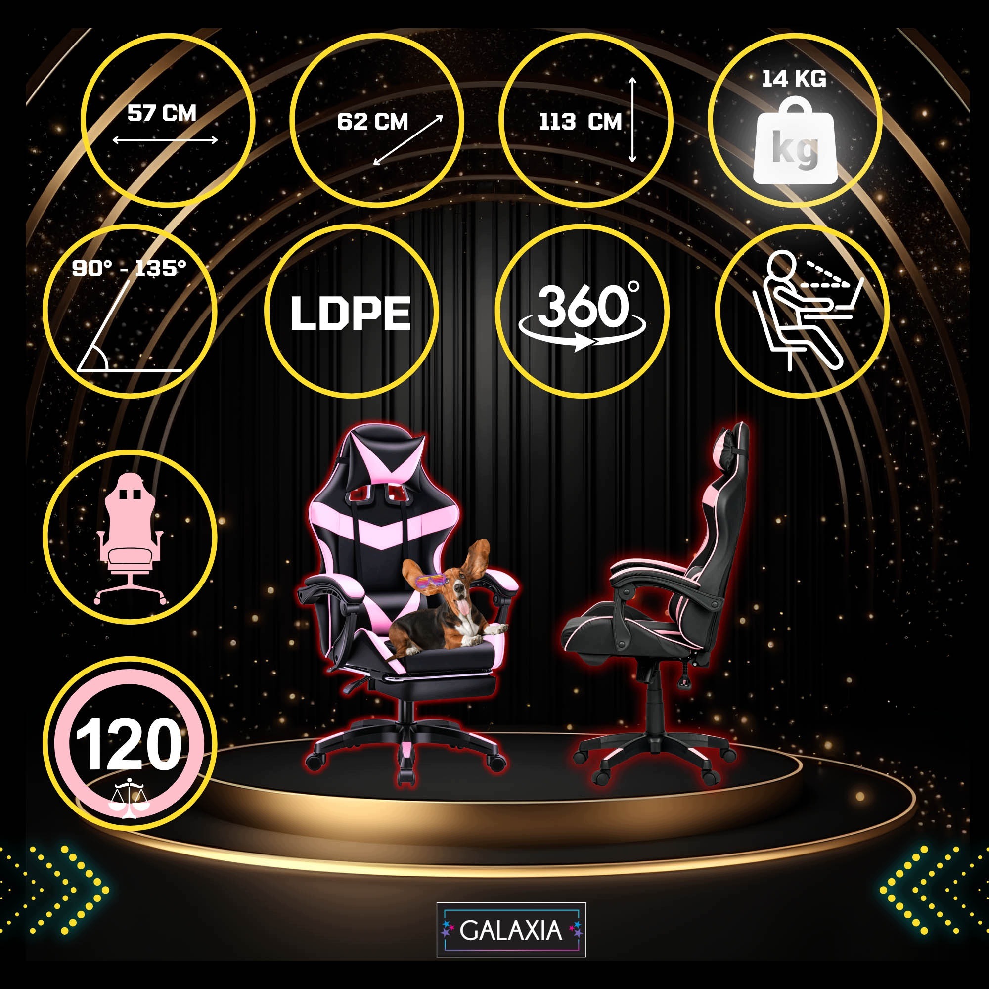 Herné kreslo GALAXIA PINK s poduškami. GALAXIA PINK má poťah z umelej kože, podušku pre hlavu aj driek a operadlo, ktorého sklon možno nastaviť od 90 do 135°. Sedadlo je široké 47,1 cm a hlboké 48,1 cm. Predajca uvádza maximálne zaťaženie 120 kg.