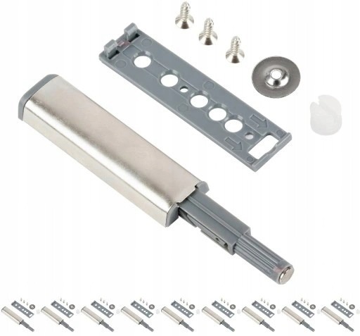 Sada obsahuje desať magnetických mechanizmov na otváranie nábytkových dvierok zatlačením. Ponuka uvádza montážne platničky, objímky, skrutky a kovové protikusy; pred montážou si vyberte vhodné miesto na korpuse a čele.