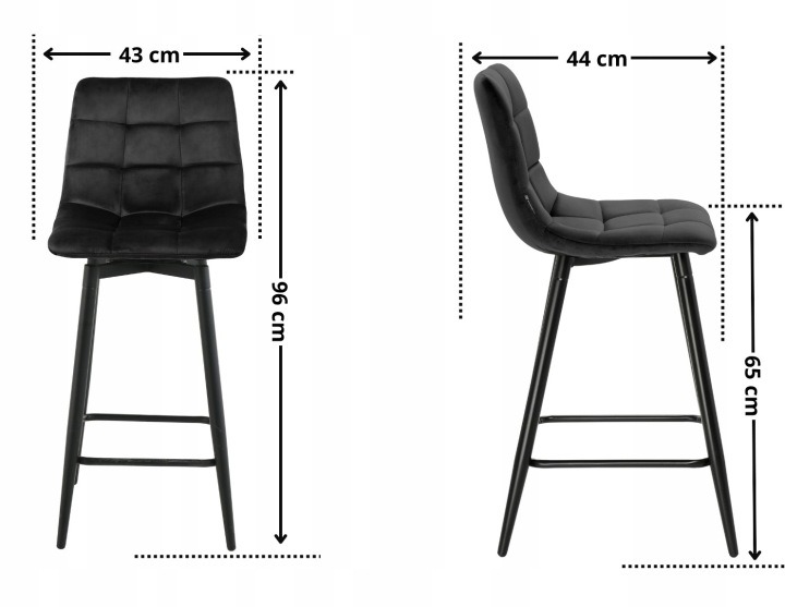 exito design TORE-S je čierny otočný hoker s velúrovým čalúnením, kovovým rámom a podnožkou. Výška sedadla je približne 65 cm, celková výška 96 cm a sedadlo sa otáča o 360°. Pred objednaním porovnajte výšku pultu.