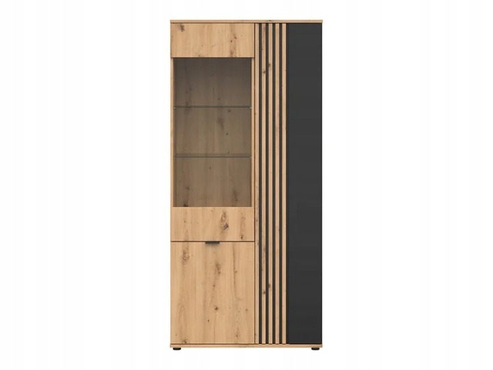 Black Red White Vabres – vysoká trojdverová vitrína 90,5 × 40 × 195,5 cm. Vysoká vitrína usporiada priestor v obývačke a pridá mu výrazný drevený dekor. Dub Artisan dopĺňajú čierne prvky a lamelový detail čela. Získate kus nábytku, ktorý môžete farebne zl