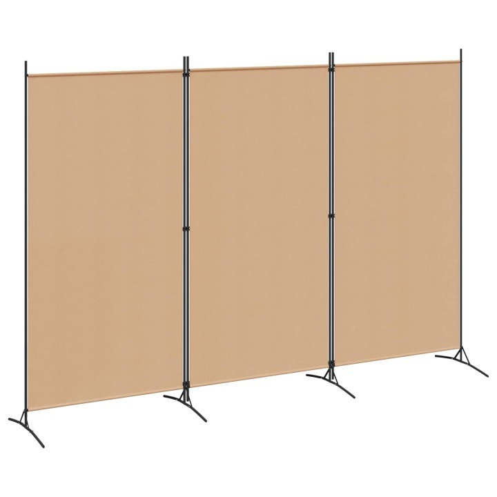Béžový trojdielny paraván AH-42039197, 260 × 180 cm. Trojdielna clona pomôže vymedziť prezliekací kútik, pracovnú zónu alebo časť spoločnej izby. Béžová textília a jednoduchý oceľový rám pôsobia pokojne, takže členenie miestnosti nemusí byť výrazným dekor
