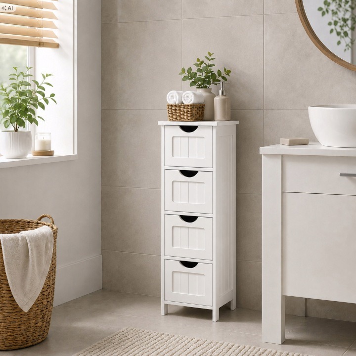 Biela kúpeľňová skrinka Gockowiak ALVA so 4 zásuvkami. Stojaca skrinka Gockowiak ALVA meria 30 × 28,7 × 82 cm a je vyrobená z MDF. Má štyri zásuvky, matnú bielu úpravu a uvádzanú maximálnu celkovú nosnosť 20 kg. Čistá hmotnosť výrobku je 10,8 kg. Dodáva s