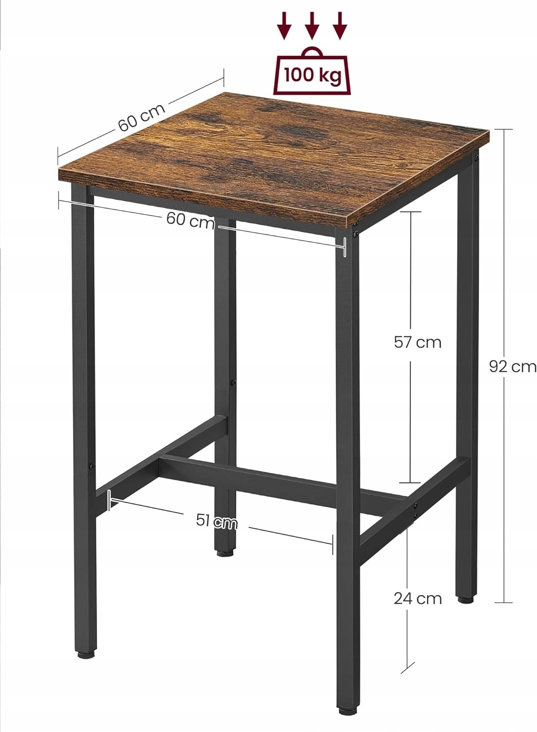 Štvorcový barový stôl Vasagle LBT25X 60 × 60 cm. Stôl Vasagle LBT25X spája dosku z drevotriesky v hnedom dekore s čiernym oceľovým rámom. Doska má rozmery 60 × 60 cm; stôl je nerozkladací a dodáva sa na montáž.