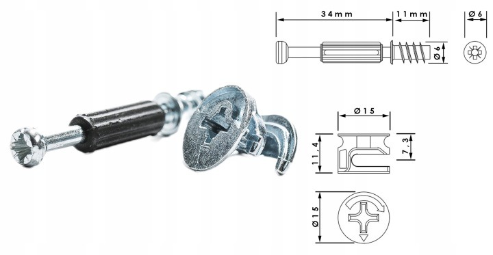 Veľké balenie obsahuje 1 000 excentrov a 1 000 skrutkovacích čapov, teda 1 000 kompletných spojov pre 18 mm nábytkové dosky. Excenter má priemer 15 mm a čap priemer 6 mm. Po zasunutí čapu sa spoj dotiahne pootočením excentra, takže diely nábytku pevne spo