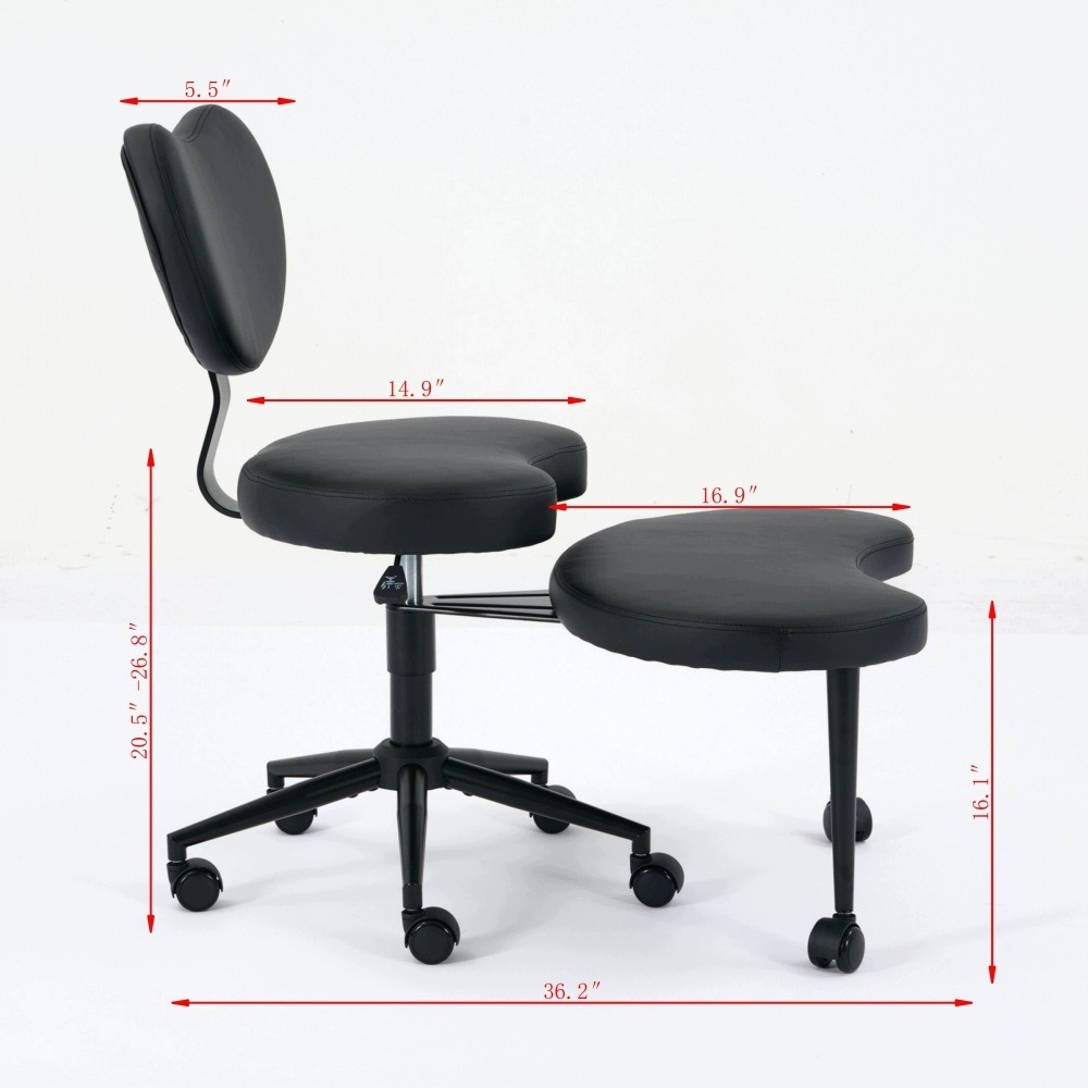 Meditation Chair Plus DE1887BK kombinuje penové sedadlo s čiernym poťahom PU, bedrovú oporu a nastaviteľnú spodnú podperu. Je určená aj na sedenie so skríženými nohami a má kolieska na premiestnenie.