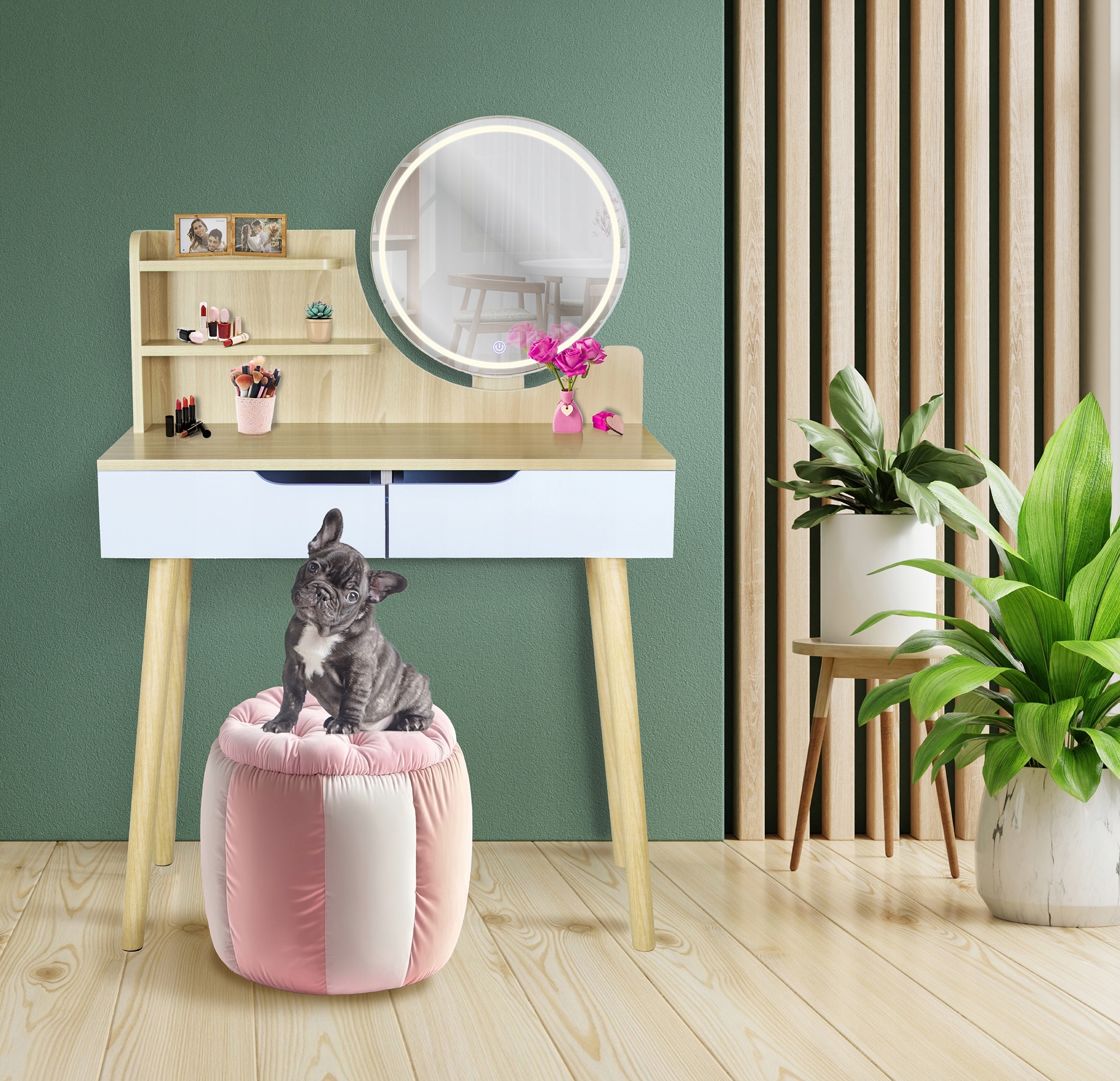 Jumi SCANDI súprava dvoch toaletiek so zrkadlom. Ponuka obsahuje dva rovnaké kusy toaletky Jumi SCANDI v bielej farbe a dekore svetlého buka. Každý kus meria 80 × 40 × 122 cm, má okrúhle zrkadlo s priemerom 40 cm, dve zásuvky a otvorené poličky. Materiálo