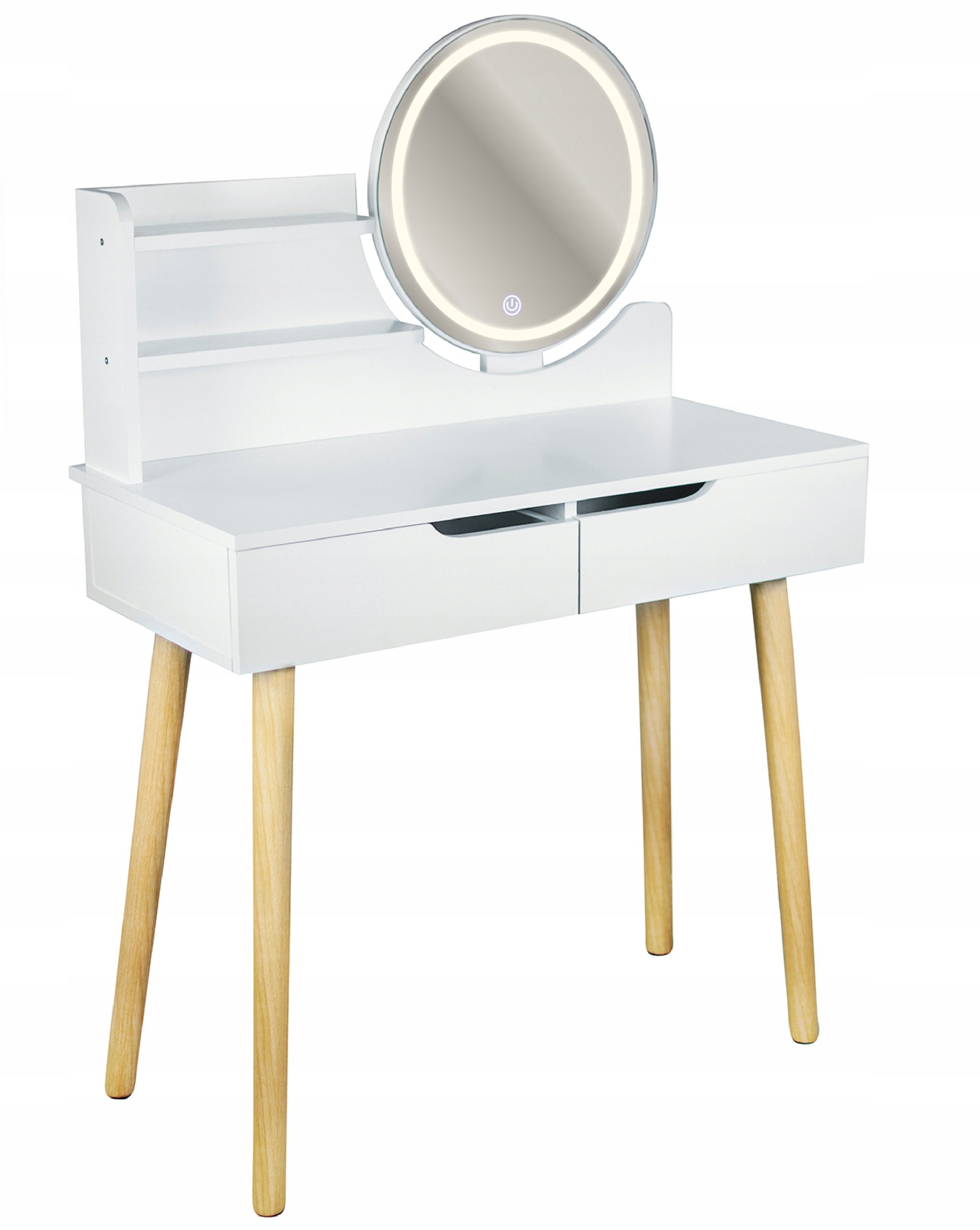 Jumi SCANDI dvojbalenie toaletiek so zrkadlom a taburetkou. Dvojbalenie Jumi SCANDI obsahuje dve rovnaké toaletky modelu CM-989252. Každá meria 80 × 40 × 122 cm, má zrkadlo s priemerom 40 cm, dve zásuvky a otvorené poličky. V parametroch ponuky je uvedená