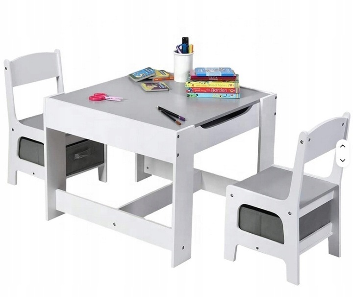 BDMU KIDS sivý detský stolík s dvoma stoličkami a úložnými košíkmi