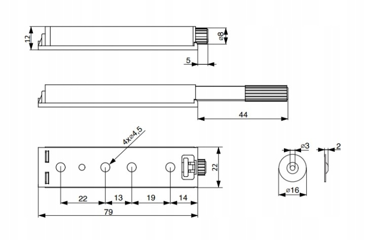 Strieborný Riex NK35 F003040 otvára bezúchytkové nábytkové dvierka po zatlačení. Magnetický mechanizmus s dĺžkou 79 mm sa montuje zvonka na vnútornú stenu korpusu; súčasťou sady je protikus na dvierka.