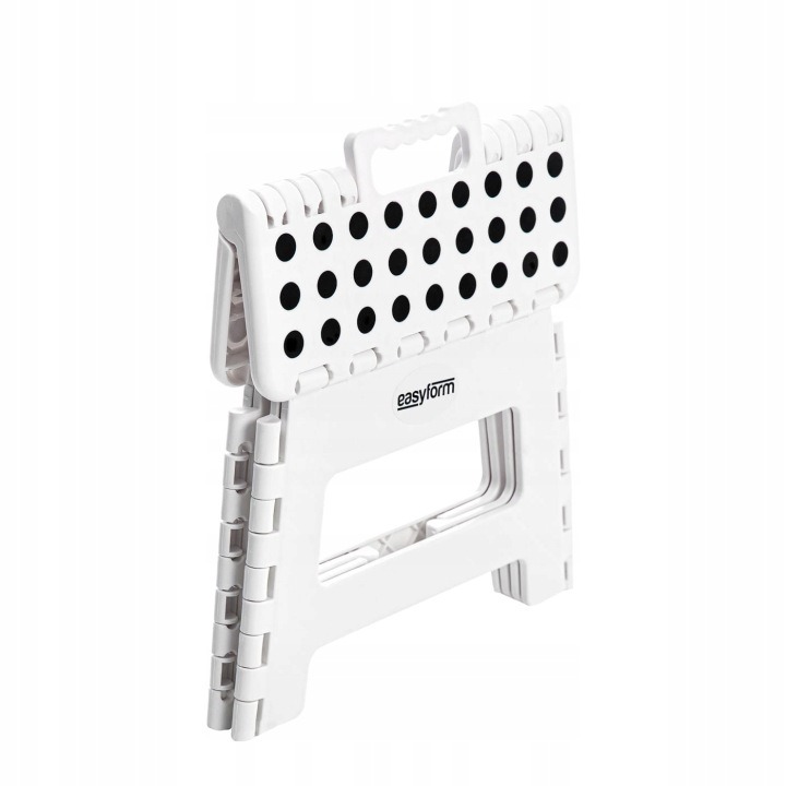 Biely skladací stupienok Easyform 11188 má výšku 22,5 cm a nášľap 29 × 22 cm. Držadlo uľahčuje prenášanie; po použití ho zložíte a odložíte.