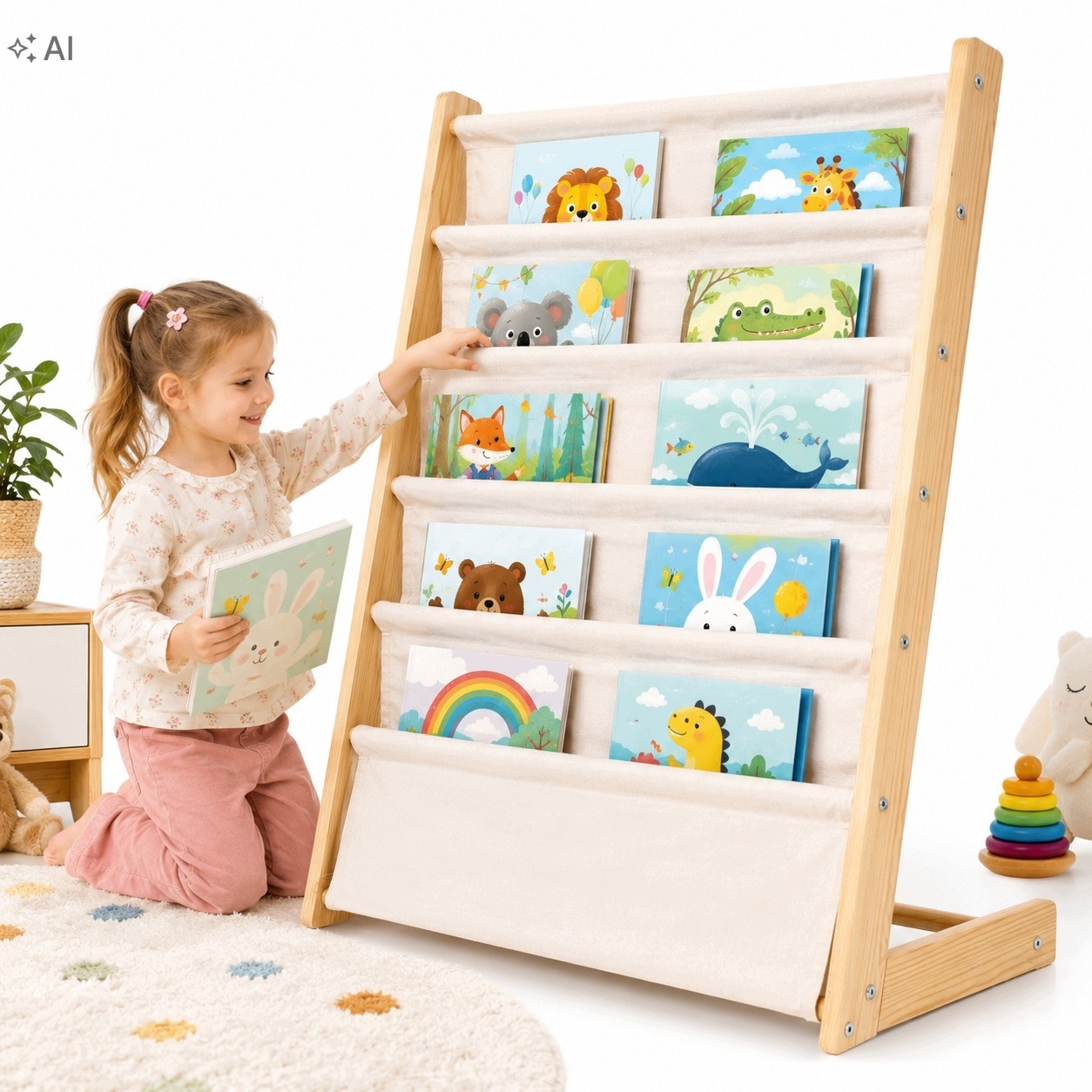 Detský regál na knihy REGAL1, 6 látkových vreciek, výška 79 cm